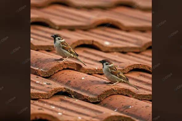 Sparrows on Terracotta Rooftop