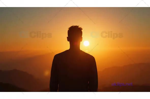 Man Watching Sunset Over Mountains