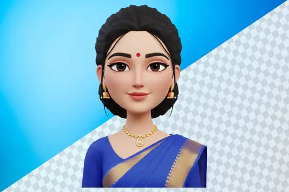 3D avatar Indian woman blue saree gold jewelry
