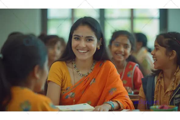 Indian Teacher Smiling with Students in Classroom