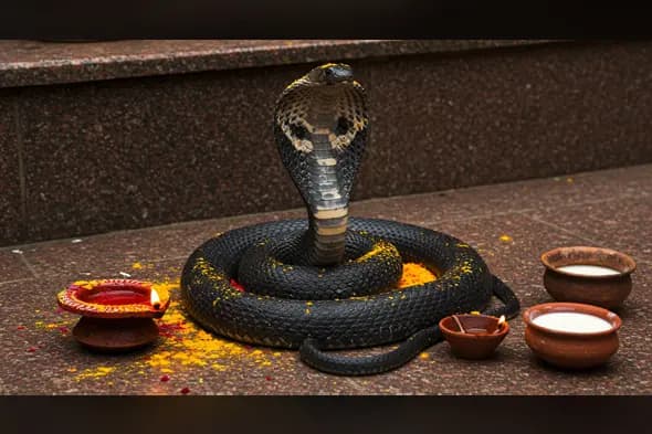 Real Cobra Snake Worship on Naga Panchami with Milk and Diyas | AIClips Hindu Ritual Image