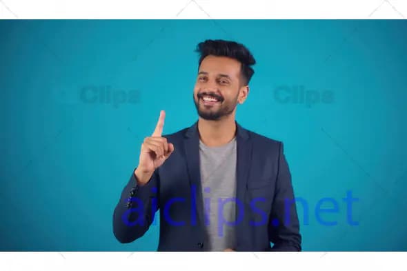 Smiling Man in Blazer Pointing Up