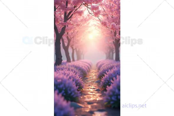 Sunlit Pathway Through Cherry Blossoms and Lavender