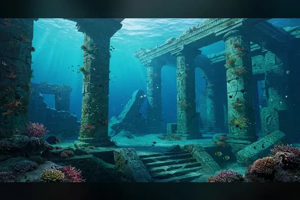 Submerged Ancient Temple Ruins with Marine Life and Sun Rays