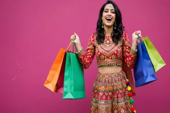 Joyful Festival Shopping with Traditional Indian woman
