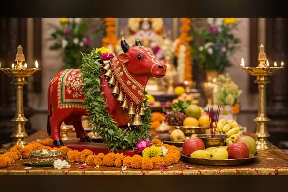 Nandi Bull Tulsi Garland Pooja Scene | AIClips Hindu Festival Background
