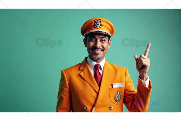 Smiling Man in Orange Uniform Pointing Upward