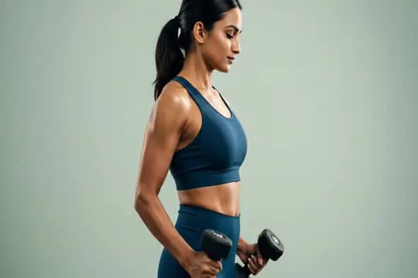 Focused Indian Woman Lifting Dumbbells in Dark Blue Activewear