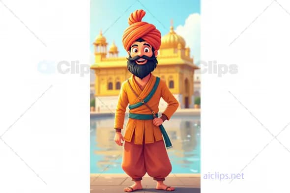 Cartoon Sikh Man in Traditional Attire at Golden Temple