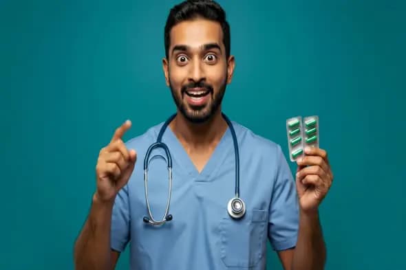 Excited Doctor Presenting Medication
