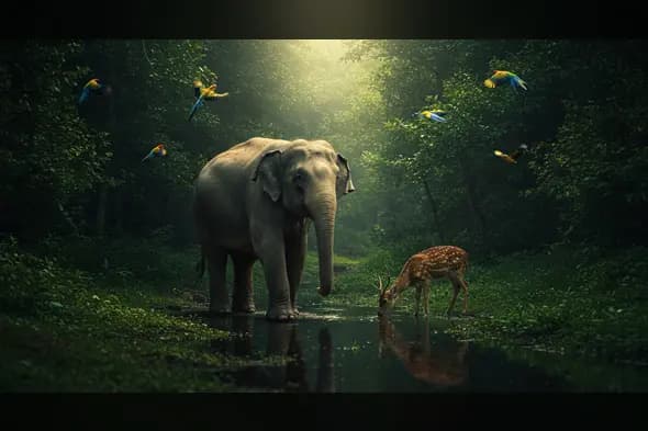 Elephant, Deer, and Parrots in a Lush Jungle Clearing