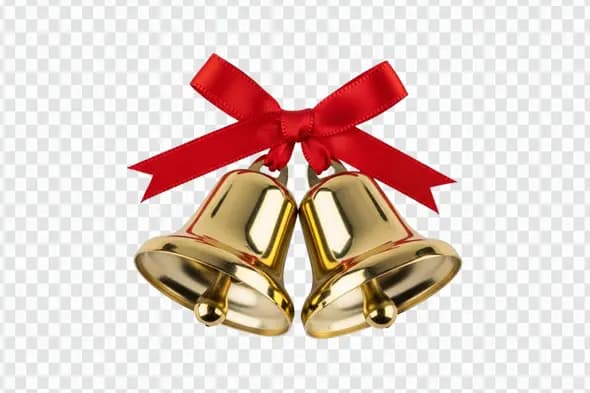 Golden Christmas Bells with Red Ribbon Bow Clipart PNG