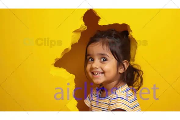 Cheerful Girl Peeking Through Yellow Wall