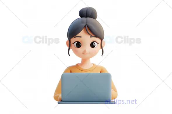 3D Girl Avatar Focused on Laptop Work