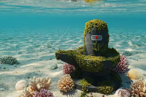 Underwater Shivling with Corals and Vines