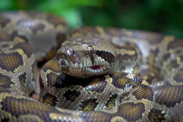 Close-Up of Indian Python Coiled in Natural Jungle Habitat