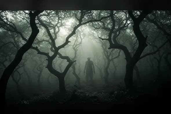 Silhouetted Creature in Haunted Forest – Dark Fantasy Horror Atmosphere