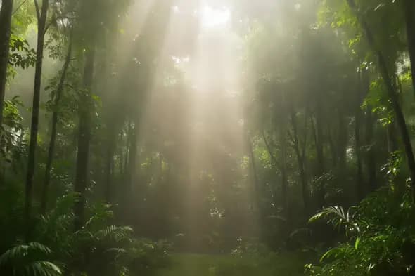 Ethereal Sunbeams Penetrate Misty Tropical Rainforest Canopy