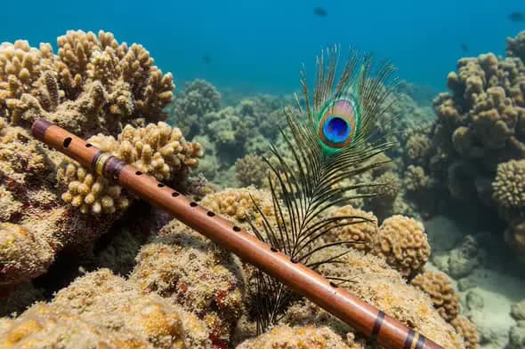 Krishna’s Bansuri with Peacock Feather Resting on Coral Reef Underwater