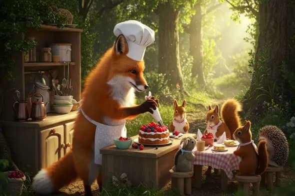 Fox Chef Decorating Berries Cake for Woodland Tea Party