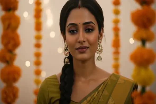 Elegant Indian Woman in Traditional Saree with Marigold Garlands During Festive Decor
