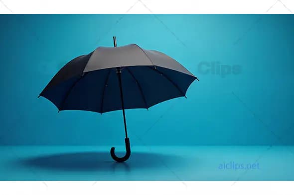 Open Black Umbrella on Blue Background