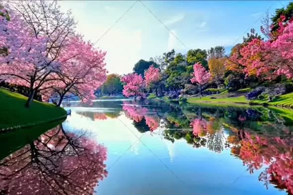 Serene Lake with Cherry Blossom Trees and Perfect Reflections