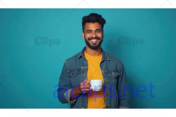 Smiling Man with Coffee in Denim Jacket