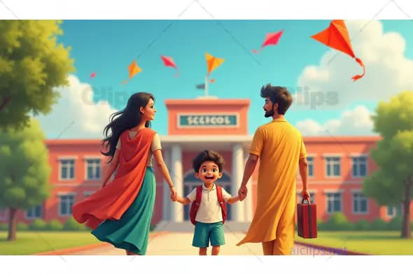 Excited School Child with Parents on the First Day of School