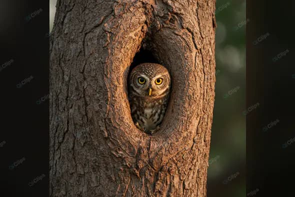Owl Peeking from Tree Hollow