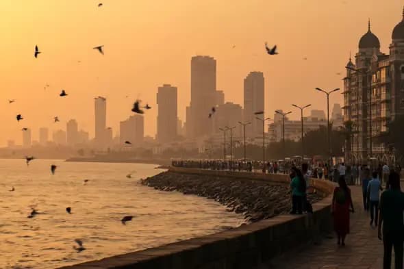 Sunset View of Marine Drive Mumbai with City Skyline and Flying Birds