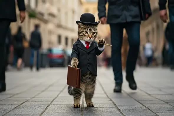 Funny Business Cat Walking with Suit and Briefcase