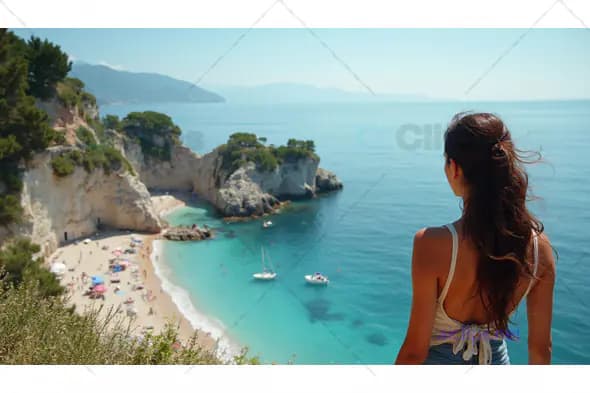Woman Overlooking Secluded Coastal Beach