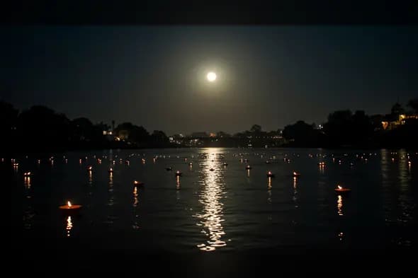 River Diyas Under Full Moon | AIClips Sacred Night Devotional Background