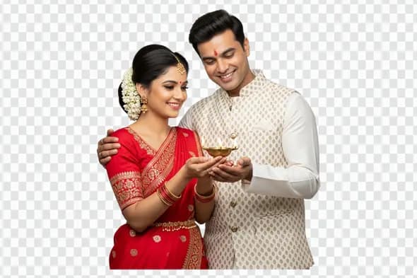Indian Couple Celebrating Diwali with Diya Clipart PNG