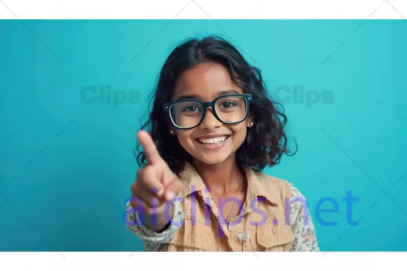 Smiling Girl in Glasses Pointing Forward