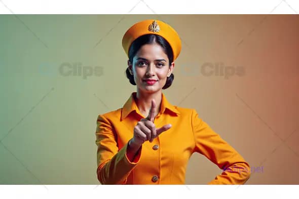 Female Attendant in Orange Uniform Pointing Up