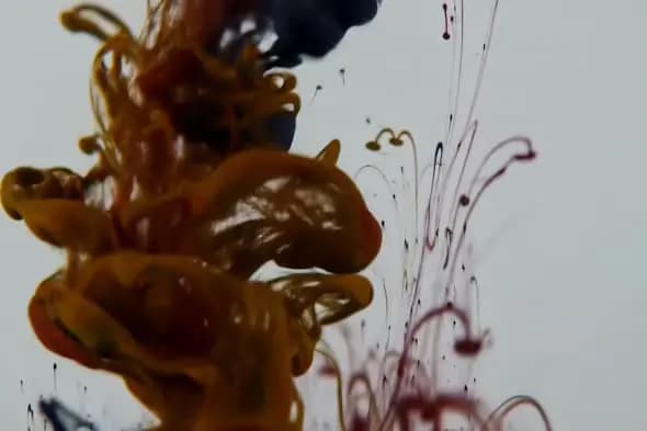 Abstract Yellow, Blue, and Red Ink Swirl in Water on Light Background