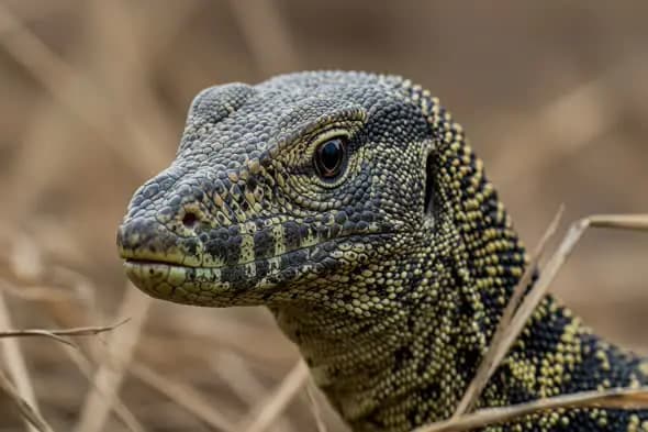 Monitor Lizard Close-Up in Dry Grass Habitat