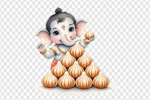 Playful Baby Ganesha with Modak Sweets PNG