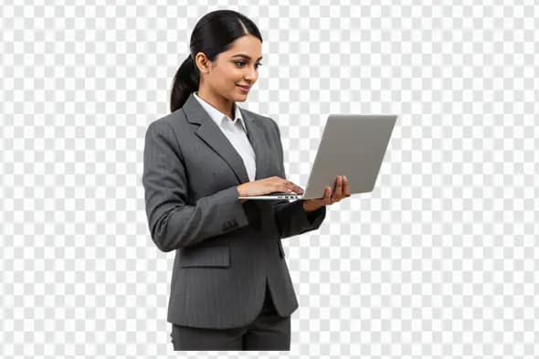 Professional Woman Using Laptop in Business Attire PNG