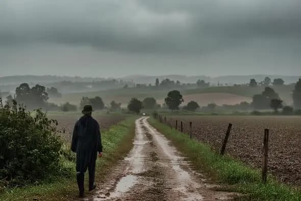 Moody Countryside Journey Through Rainy Rural Landscape