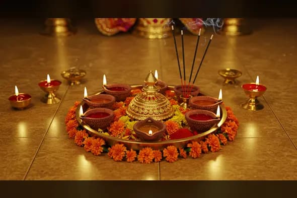 Kalash Diya Plate with Marigold Flowers and Agarbatti | Traditional Pooja Setup | AIClips