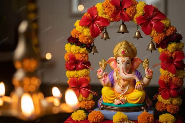 Ganesha Idol Under Floral Arch