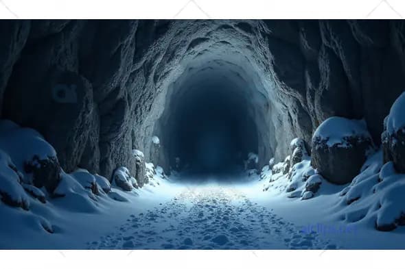 Snowy Cave Entrance with Footprints