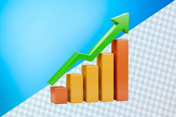 Colorful rising bar graph with green arrow