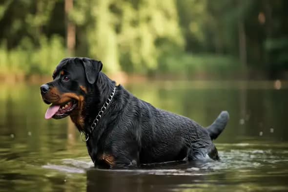 Majestic Rottweiler Cooling in Lake