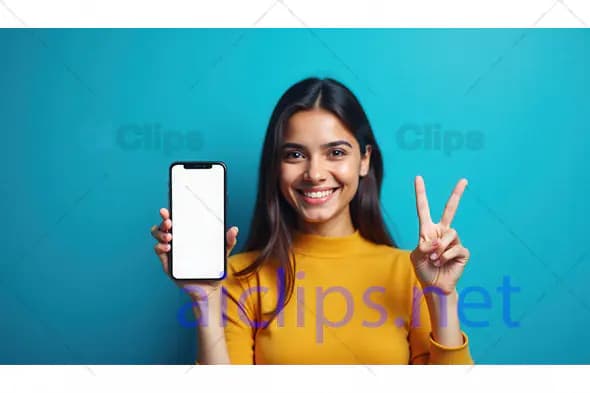 Woman Showing Phone with Peace Sign