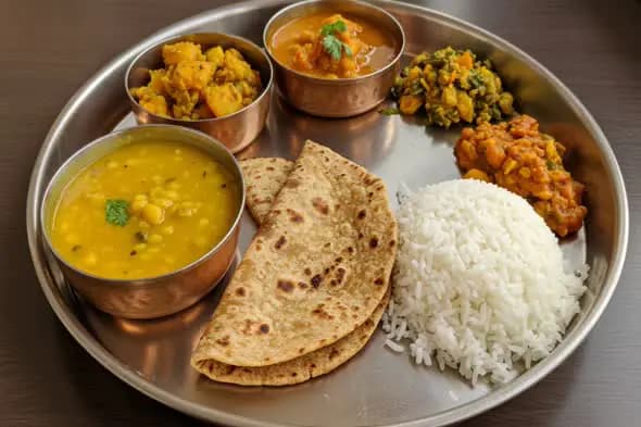 Traditional Indian Thali Video with Rice, Roti & Veg Curries