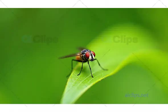 Close-Up of Fly on Green Leaf
